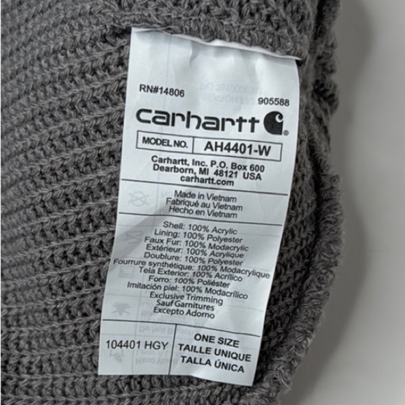 NWOT Carhartt Gray Knit Beanie with Faux Fur Pom Pom Cuffed Hat Unisex OS - Picture 5 of 6